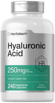 Horbäach Hyaluronic Acid Capsules bottle with 240 vegetarian capsules for daily hydration support.
