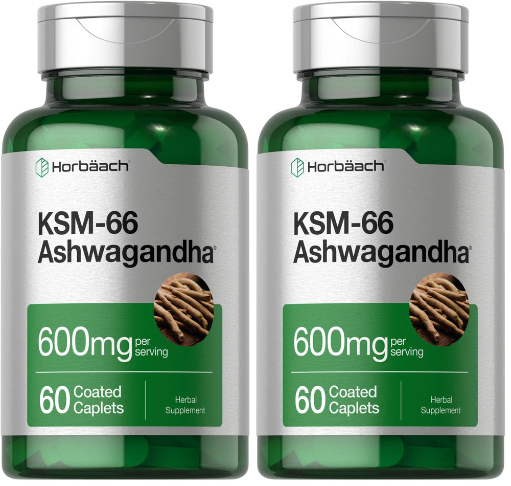 Horbaach KSM-66 Ashwagandha caplets bottle front; vegan daily wellness support.