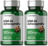 Horbaach KSM-66 Ashwagandha caplets bottle front; vegan daily wellness support.