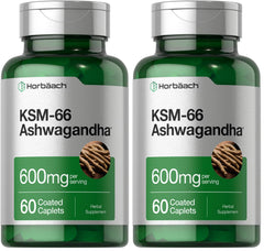Horbaach KSM-66 Ashwagandha caplets bottle front; vegan daily wellness support.
