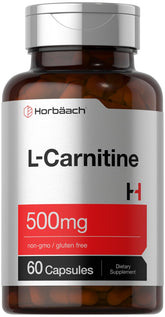 Horbäach L-Carnitine 500mg bottle with capsules, highlighting purity and convenience.