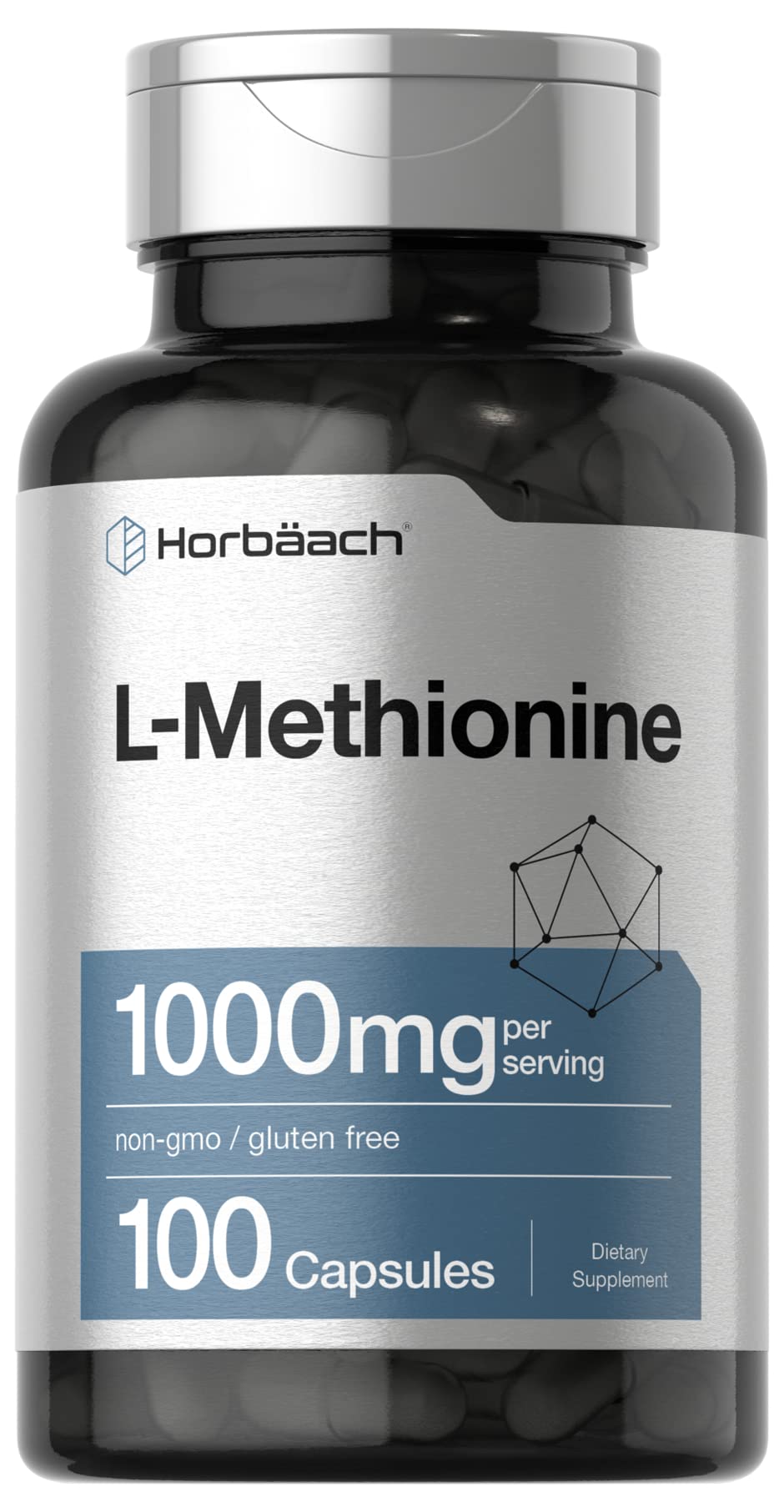 Horbäach L-Methionine bottle label close-up highlighting 1000 mg potency.