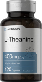 Horbäach L-Theanine 400mg capsules bottle front supports daily calm focus.