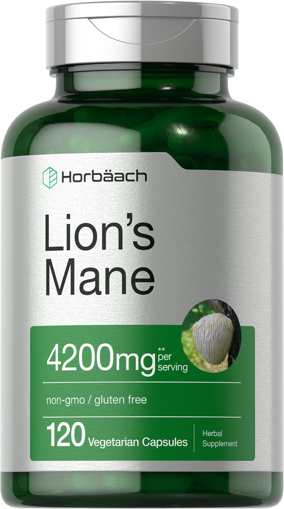 Horbäach Lions Mane Mushroom Extract bottle front shows potent daily formula.