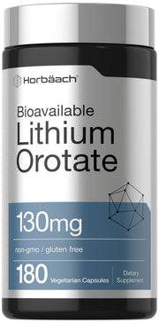 Horbaach Lithium Orotate 130mg bottle shows dosage for daily support.