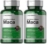 Horbäach Maca Root Capsules bottle shows high-potency gluten-free formula.