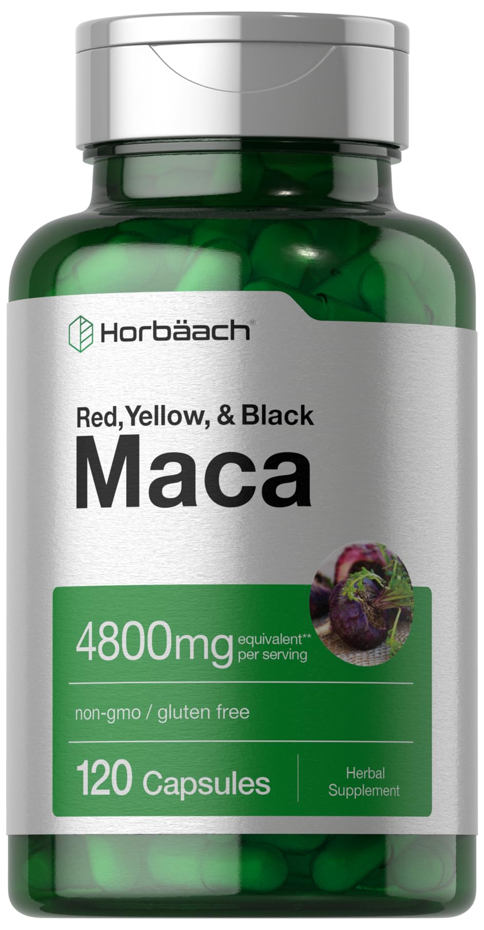 Horbäach Maca Root Capsules bottle for daily use with easy-to-swallow capsules.