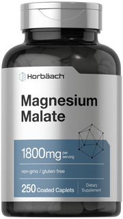 Horbäach Magnesium Malate 1800mg bottle front with coated caplets for daily wellness.