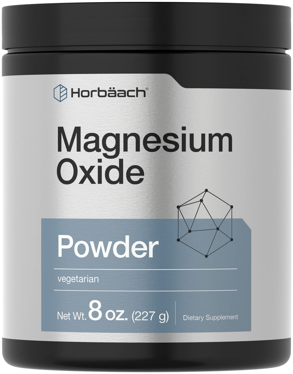 Horbäach Magnesium Oxide Powder bottle front shows 400 mg per serving for daily mineral support.