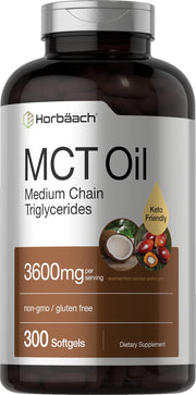 Horbäach MCT Oil Pills bottle highlighting 3600 mg per softgel for keto use.