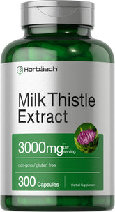 Horbäach Milk Thistle bottle showing 3000 mg per serving for daily use.