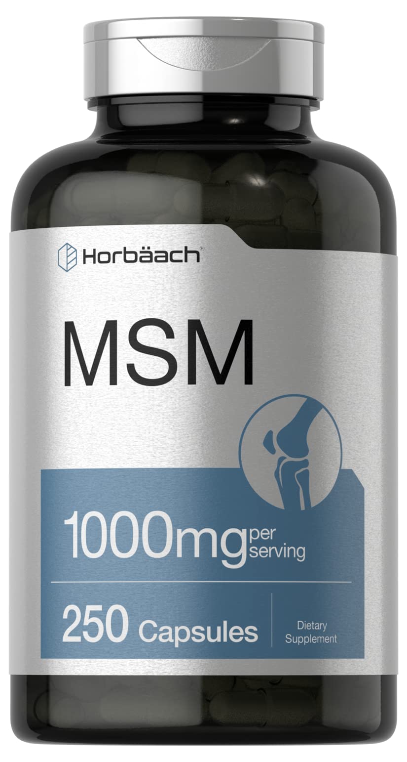 Horbaach MSM bottle front showing easy daily joint support in capsules.