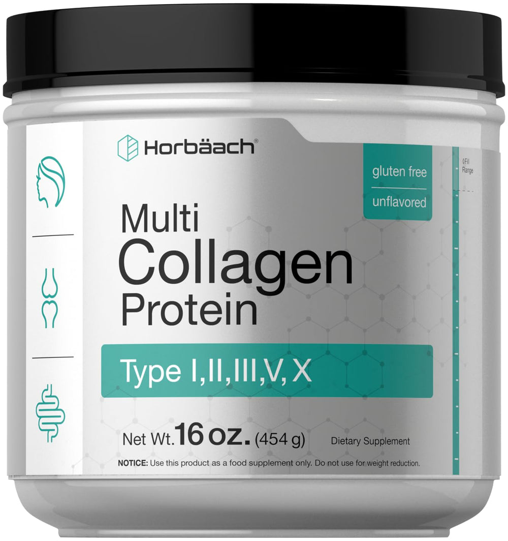 Horbäach multi collagen powder 16 oz bottle label, unflavored and keto-friendly.