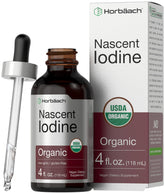 Horbaach Nascent Iodine Drops bottle shows vegan organic tincture for daily mineral support.