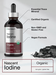 Horbaach Nascent Iodine Drops label highlights vegan, non-GMO, gluten-free formula.