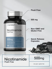 Horbäach Nicotinamide 500mg label front highlighting Non-GMO and Gluten Free.