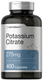 Horbaach Potassium Citrate 275 mg bottle with 400 capsules for daily supplementation.