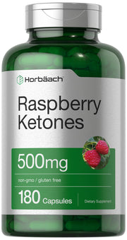 Horbäach Raspberry Ketones bottle-front view showing 500 mg per serving