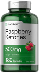 Horbäach Raspberry Ketones bottle-front view showing 500 mg per serving