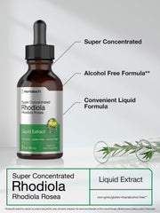 Label detail shows alcohol-free Horbäach Rhodiola Rosea tincture.