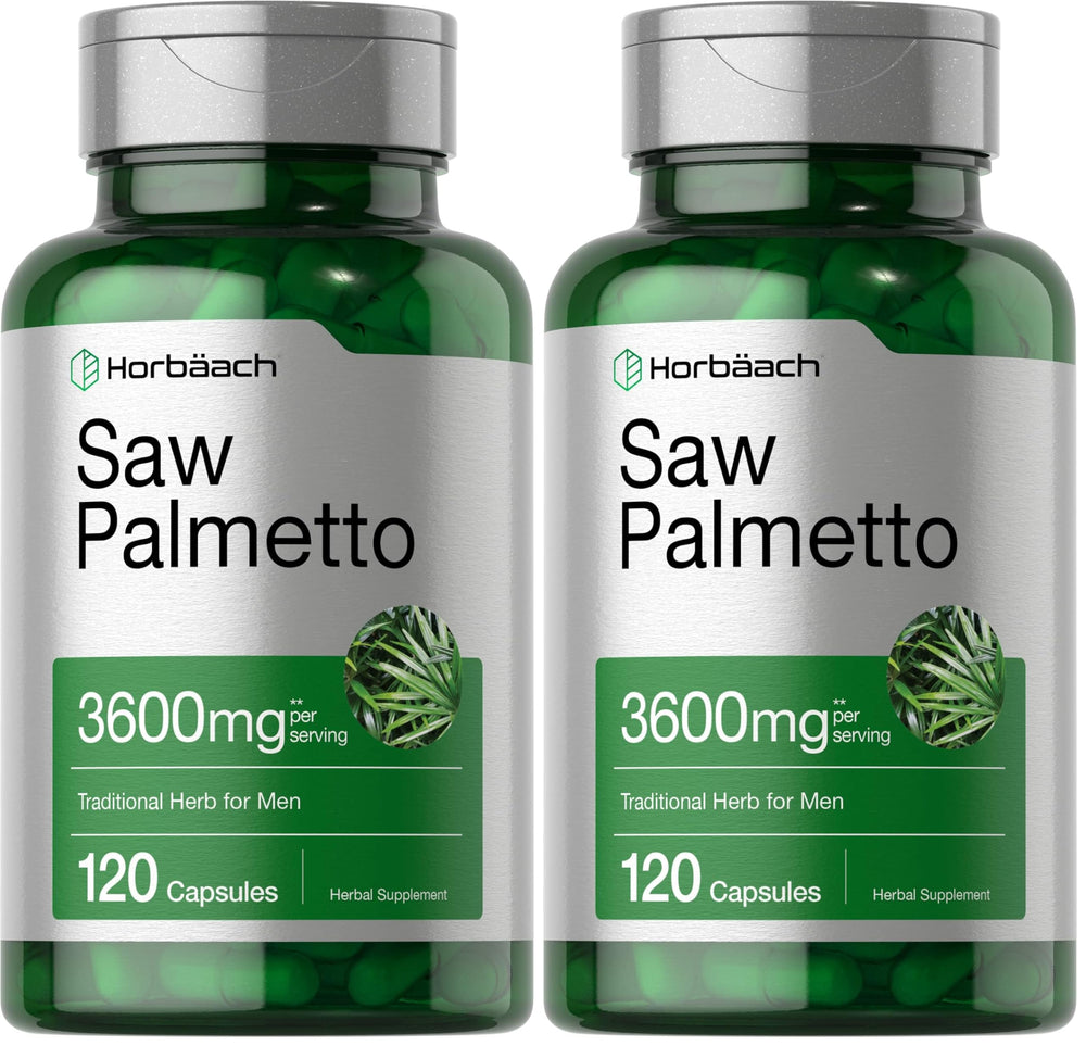 Horbäach Saw Palmetto Extract bottle with easy-to-swallow capsules for daily use.