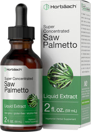 Horbaach Saw Palmetto liquid extract bottle pouring for convenient daily support.