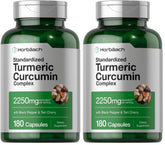 Horbäach Turmeric Curcumin bottle front shows 180 capsules for daily wellness.