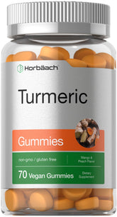 Horbäach Turmeric Gummies bottle with mango-peach flavor for easy daily use.