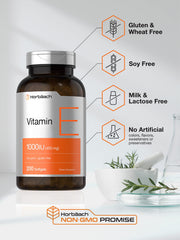 Horbāach Vitamin E 1000 IU non-GMO gluten-free badge on packaging.