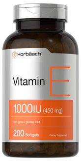 Horbāach Vitamin E 1000 IU softgel bottle promotes daily wellness with antioxidant support.