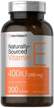 Horbäach Vitamin E softgel bottle front view for daily supplement routine.