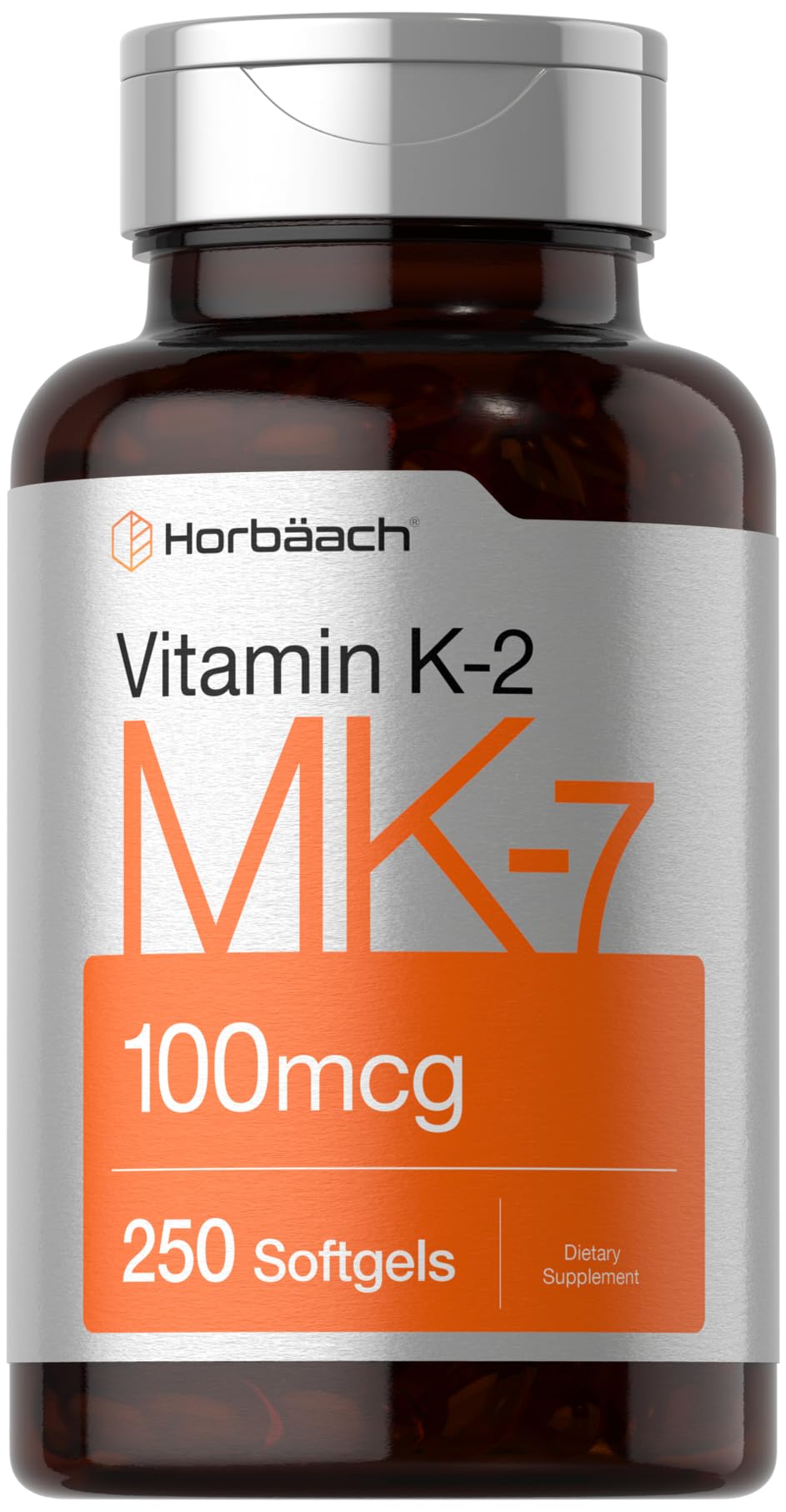 Horbäach Vitamin K2 MK7 100mcg softgels bottle – convenient daily supplement.