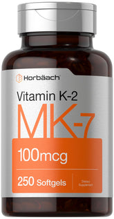 Horbäach Vitamin K2 MK7 100mcg softgels bottle – convenient daily supplement.