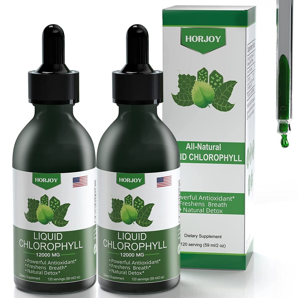 Horjoy Chlorophyll Liquid Drops bottle closeup showing vegan, non-GMO formula.