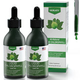 Horjoy Chlorophyll Liquid Drops bottle closeup showing vegan, non-GMO formula.