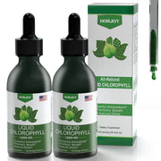 Horjoy Chlorophyll Liquid Drops bottle closeup showing vegan, non-GMO formula.