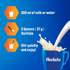 Horlicks Classic Malt being stirred into hot milk for a comforting drink.