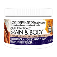 Host Defense Brain & Body powder bottle featuring Lion's Mane for daily focus support.