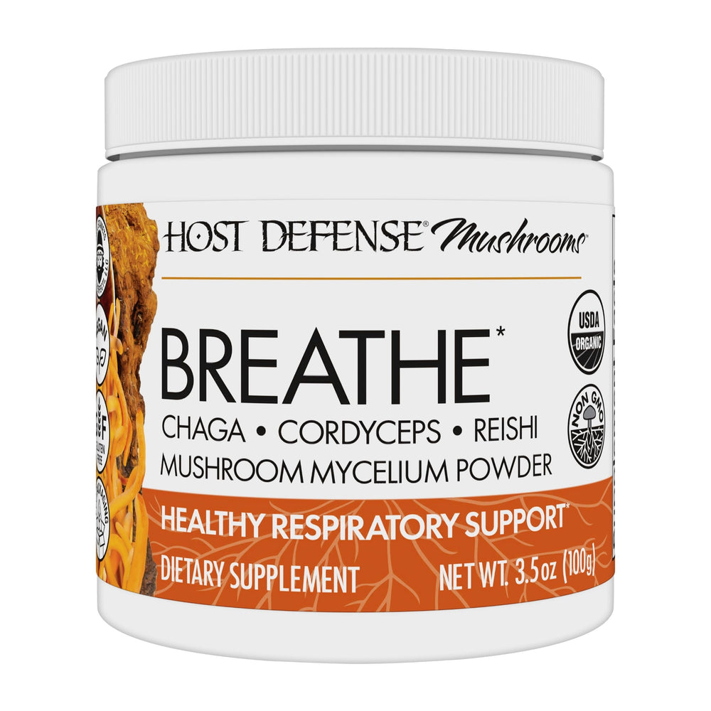 Host Defense Breathe Powder bottle showing earthy mushroom blend for daily immune support