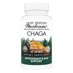 Host Defense Chaga capsules bottle on shelf for convenient daily immune support.
