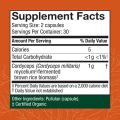 Host Defense Cordyceps capsules bottle back with ingredient details and gluten-free notes.