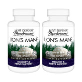 Host Defense Lion's Mane capsules bottle close-up in a two-pack, highlighting daily cognitive support.