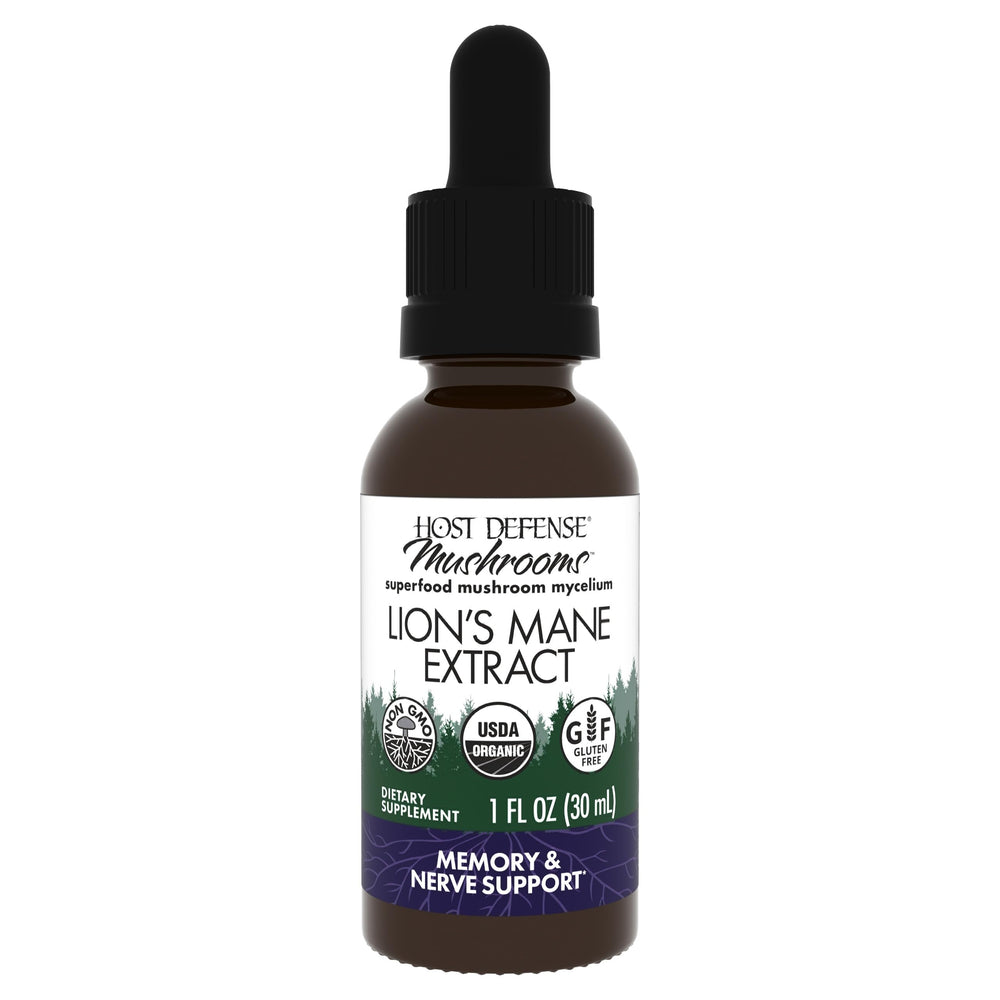 Host Defense Lion's Mane liquid bottle close-up for brain support.