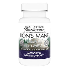 Host Defense Lions Mane bottle front promotes clarity and daily brain support.