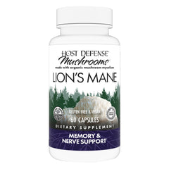 Host Defense Lions Mane bottle front shows label—suggests daily brain support and immune system wellness.