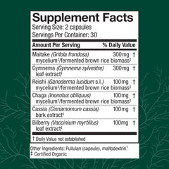 Host Defense MycoBotanicals capsules close-up showing organic, gluten-free formula grown in the USA.