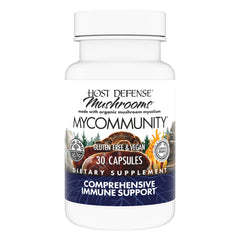 Host Defense MyCommunity bottle close-up showing capsules for immune support