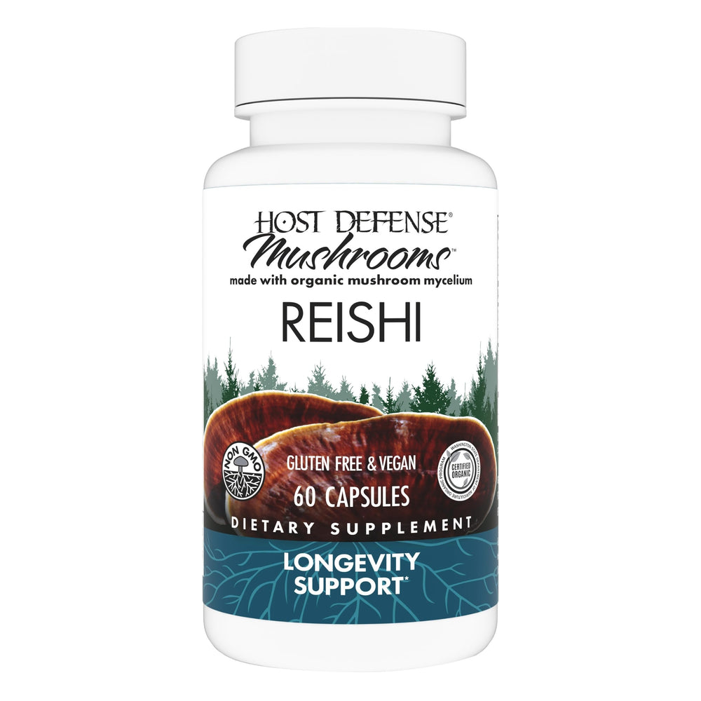 Host Defense Reishi capsules bottle front showcasing immune support labeling
