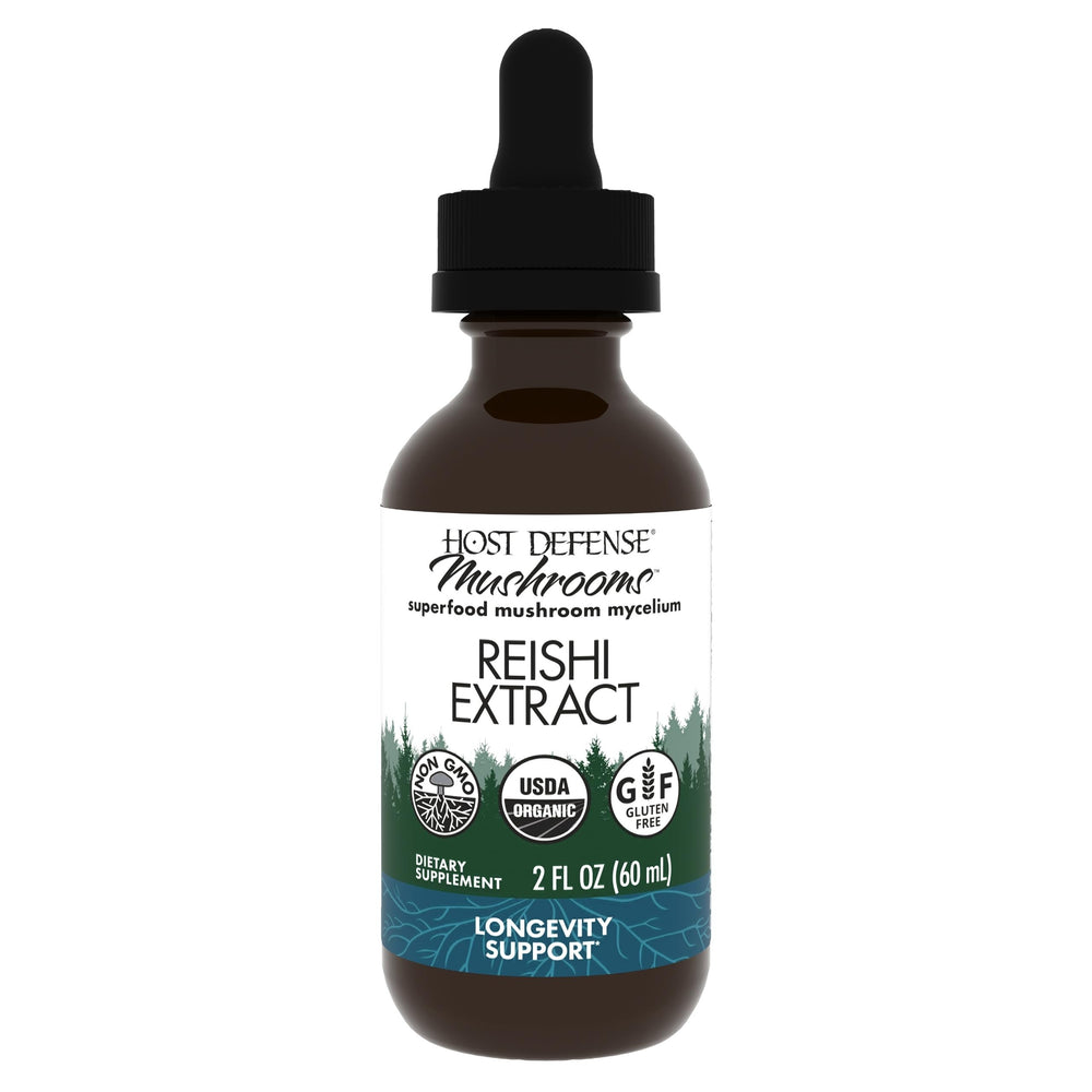 Host Defense Reishi extract bottle shows immune and energy support.