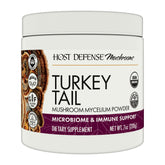 Host Defense Turkey Tail powder jar shows premium blend for digestive balance and immune support.